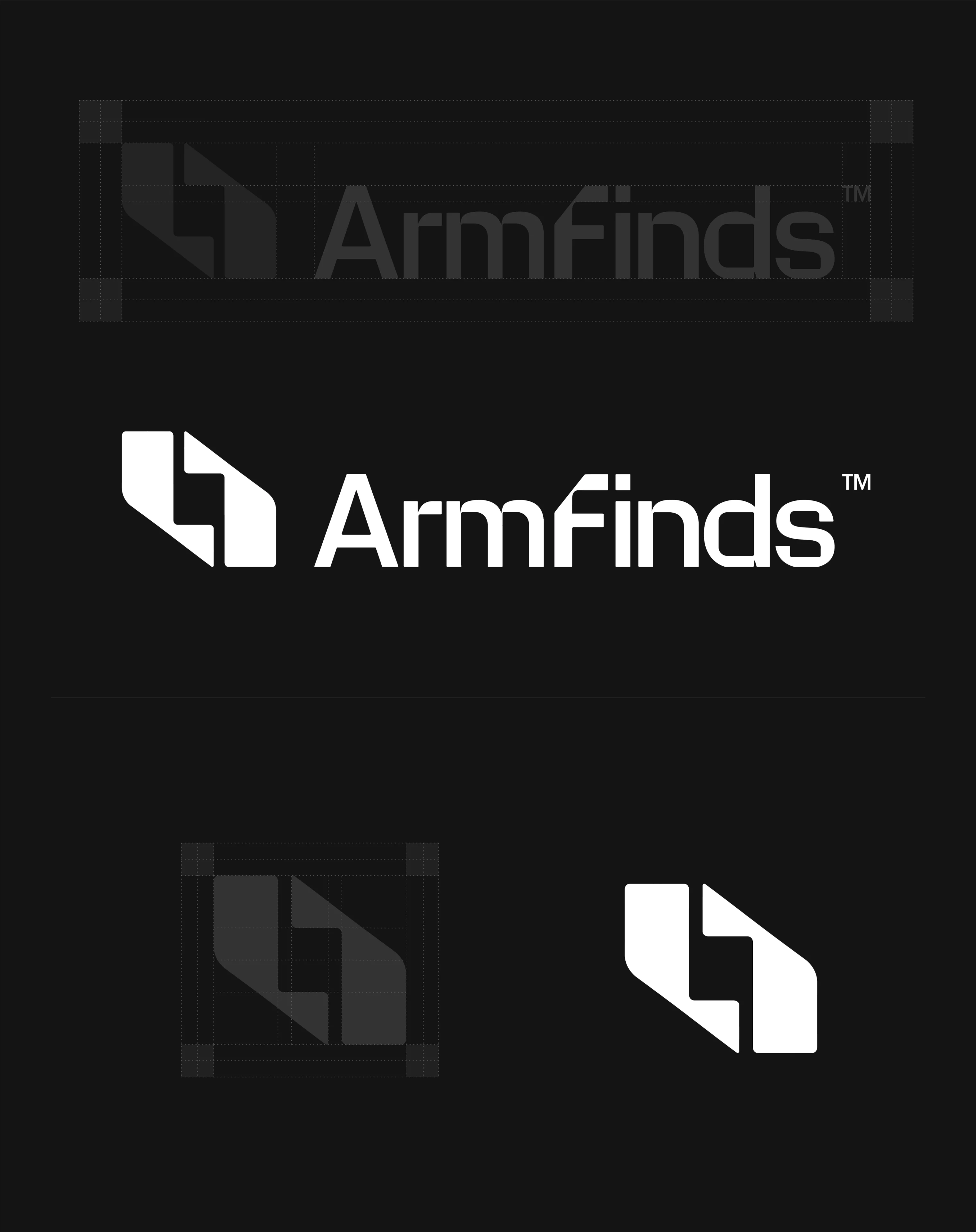 Armfinds — wordmark and emblem on the construction grid