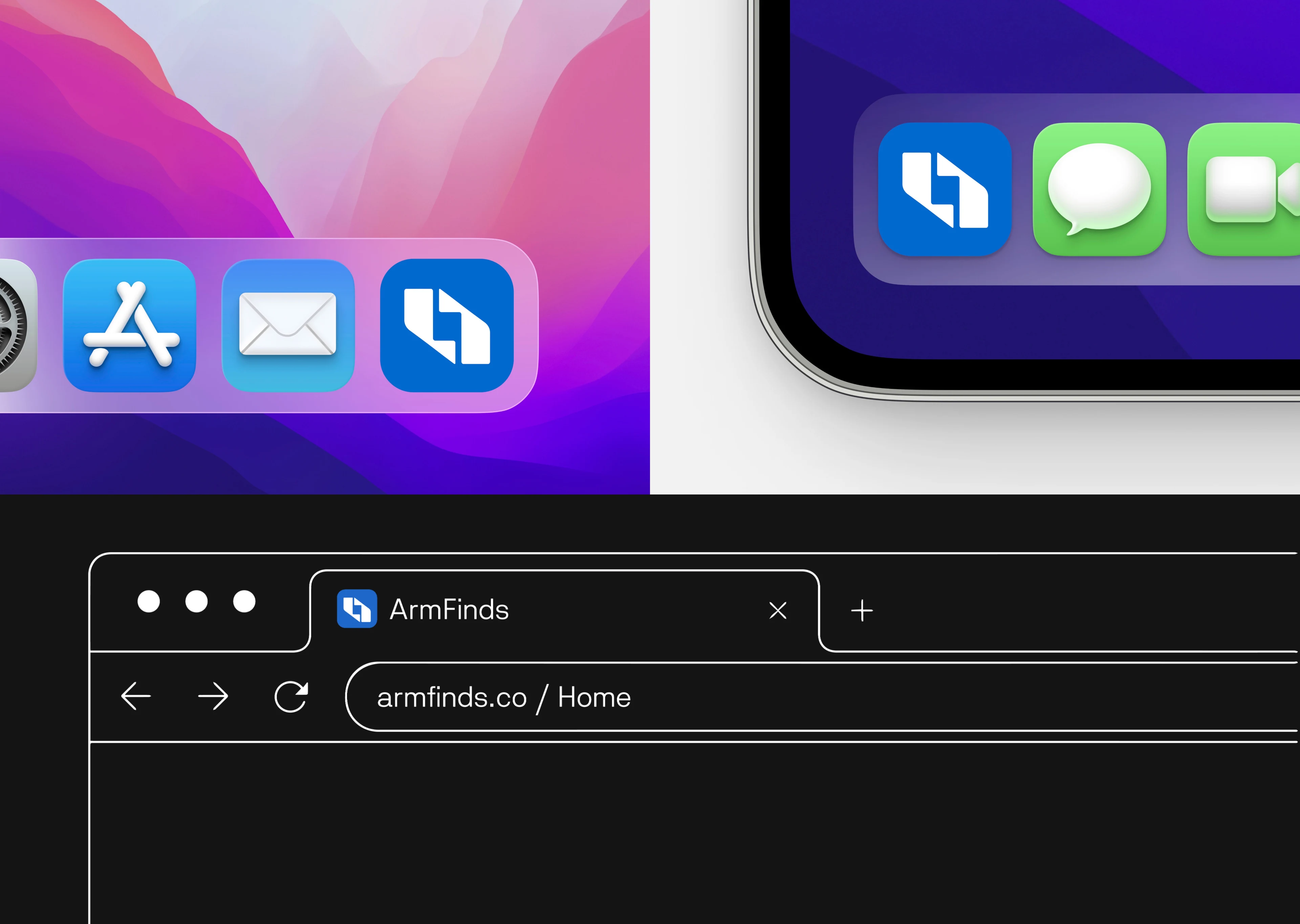 Armfinds — app icon in the macOS dock, on an iPhone home screen and as a browser favicon