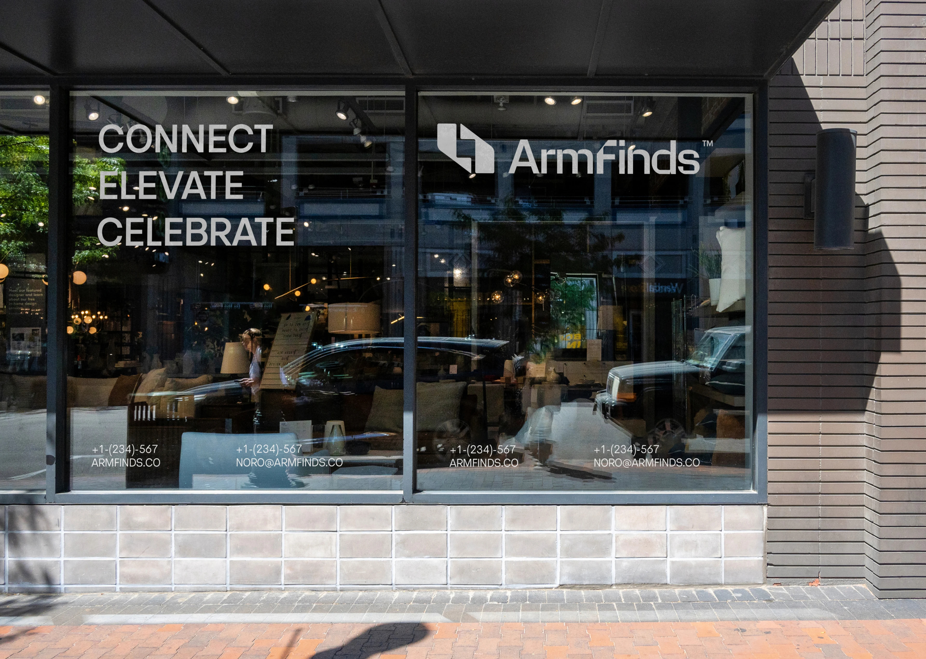 Armfinds — storefront window: connect, elevate, celebrate